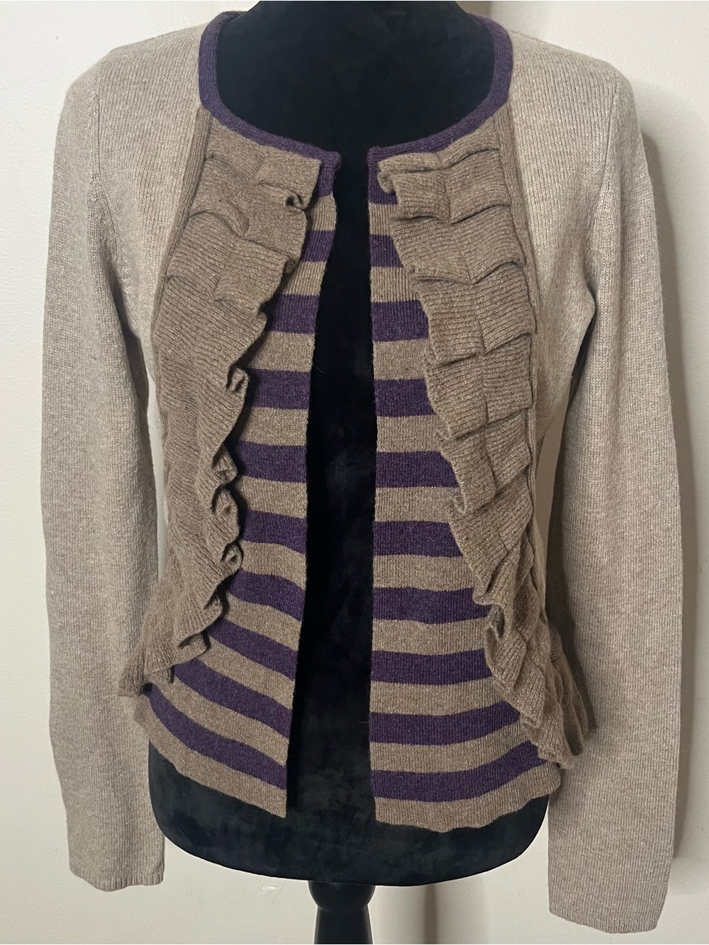 Sparrow Anthropologie Taupe Purple Stripe Ruffle Open Knit Cardigan Sweater Sz S